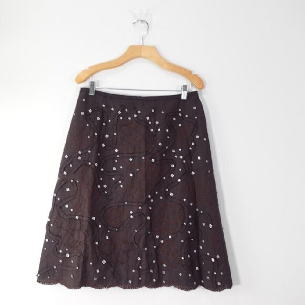 Fairy Grunge Linen Skirt LARGE 12 Dark Brown Boho Beaded Eyelet‎ NOUGAT LONDON 3